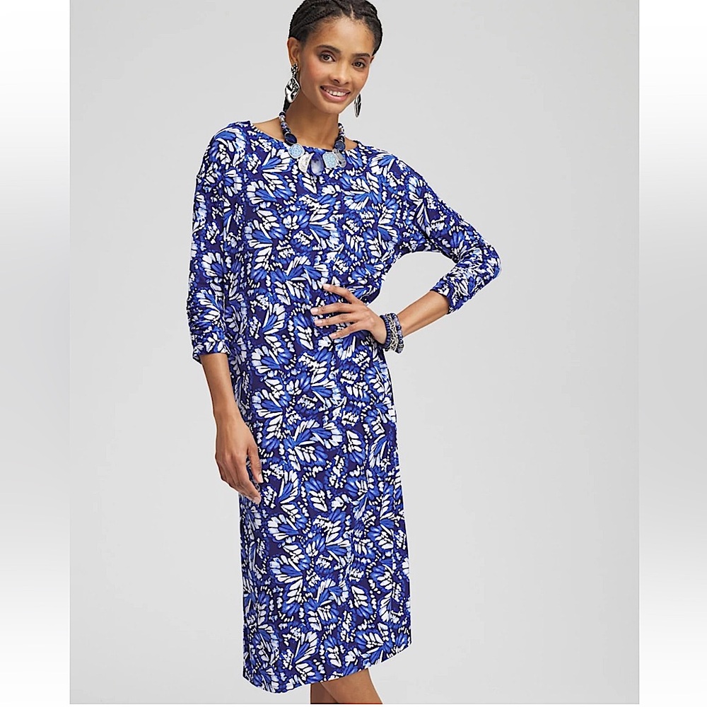 NWT Chico’s navy white blue casa print shirred sleeve jersey midi dress large
